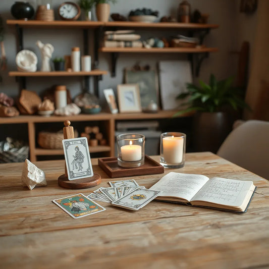 Independent tarot reader’s studio table with card deck, tarot cards, journal, and warm candlelight