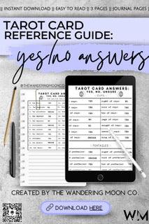 tarot yes/no answers in portrait form. with mock up ipad and notebook both showing pages of the yes no tarot answer cheat sheet. used in tarot journals, book of shadows, download and print or keep on device. get answers from your fave deck of cards