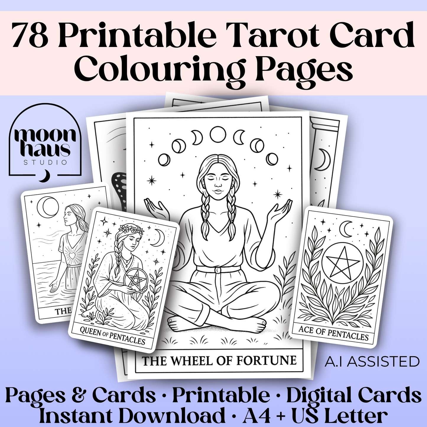 78 Tarot Colouring Pages Deck, Printable Tarot Cards to Colour, Digital Mindful Art for Creatives & Tarot Lovers