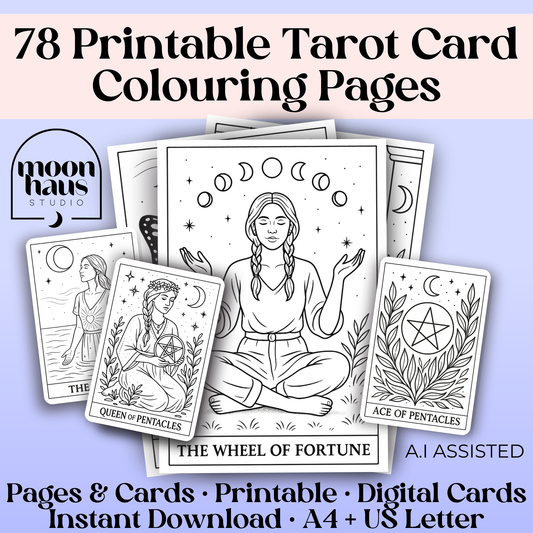 78 Tarot Colouring Pages Deck, Printable Tarot Cards to Colour, Digital Mindful Art for Creatives & Tarot Lovers