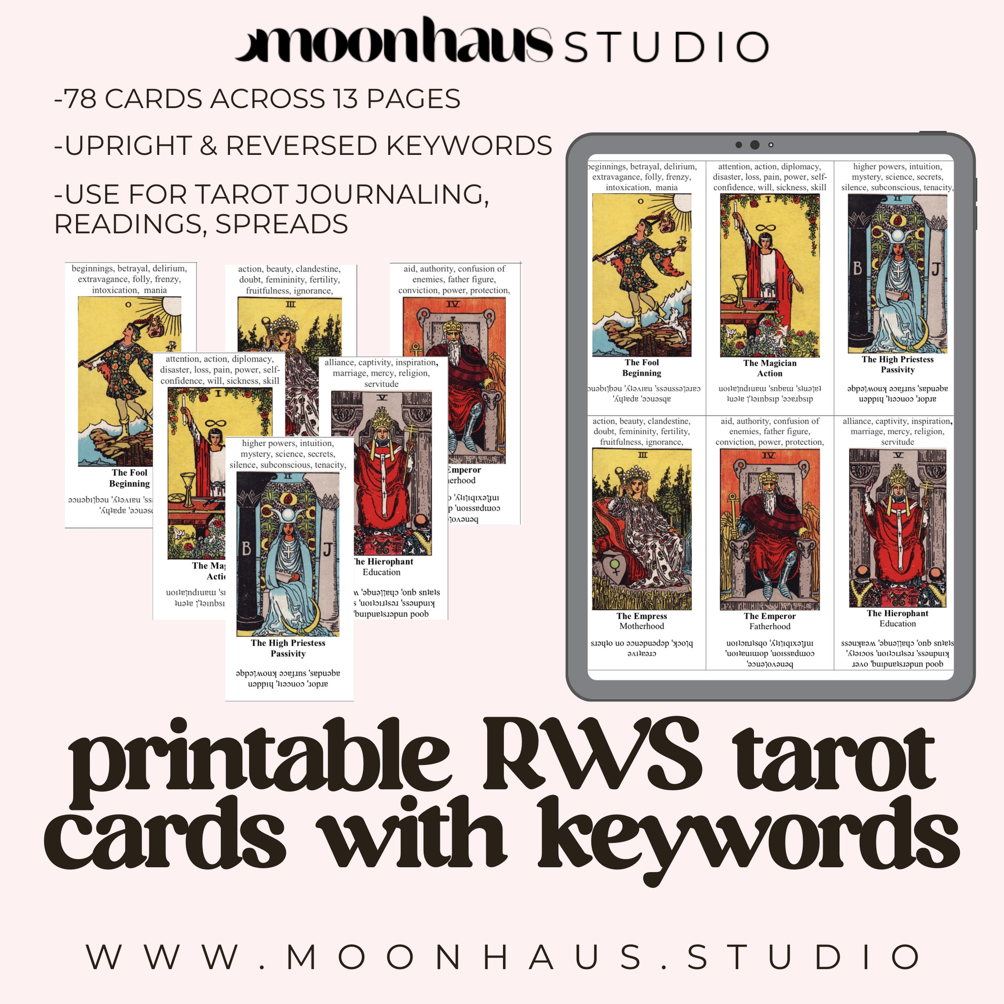 printable tarot deck RWS with keywords upright & reversed – MoonHaus Studio