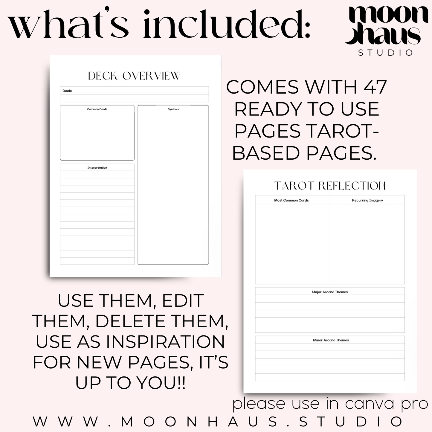 tarot journal canva template: 47 pages with 10 covers | tarot spreads, card readings, tarot card meaning | digital, printable planner junk