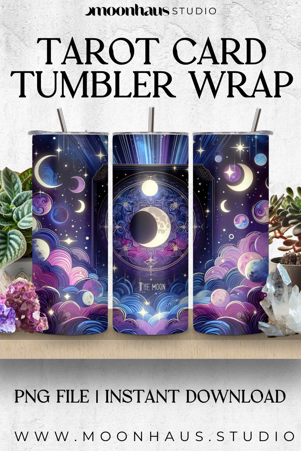 tarot card: the moon - skinny straight tumbler wrap 20oz PNG for sublimation | the moon card, digital printable