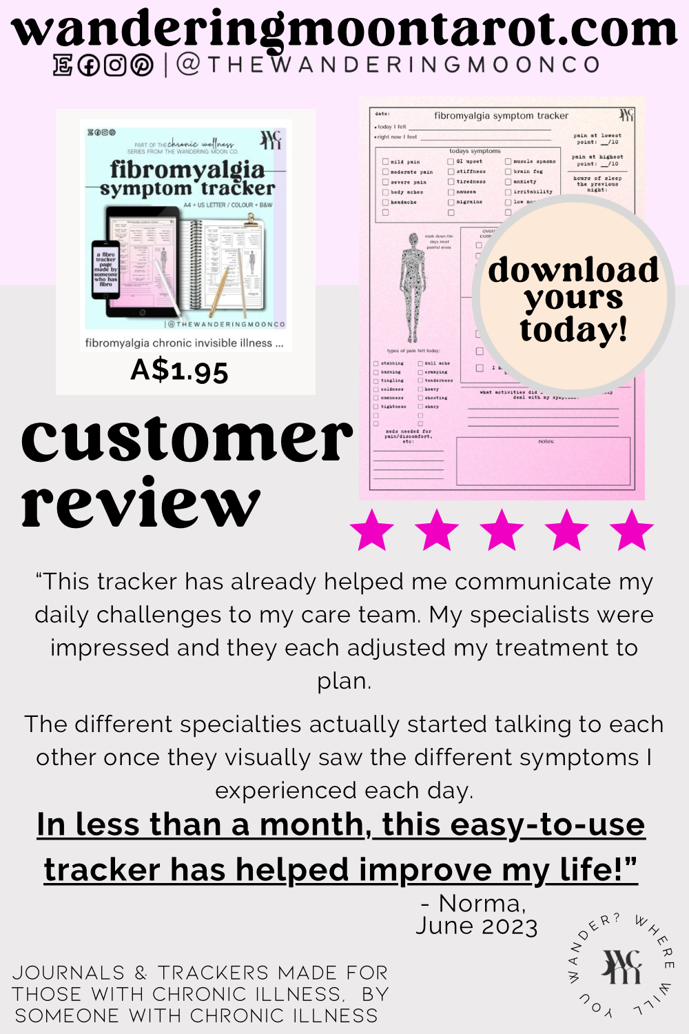 symptom tracker PDF: digital, printable medical journal | chronic pain + illness | spoonie, pots awareness, fibro, endo, disability pride