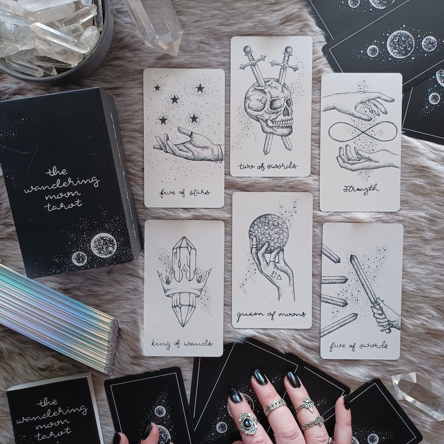 Wandering Moon Tarot and Wandering Soul Oracle: Indie Decks Set | holographic unique aesthetic | hand drawn | with guidebooks