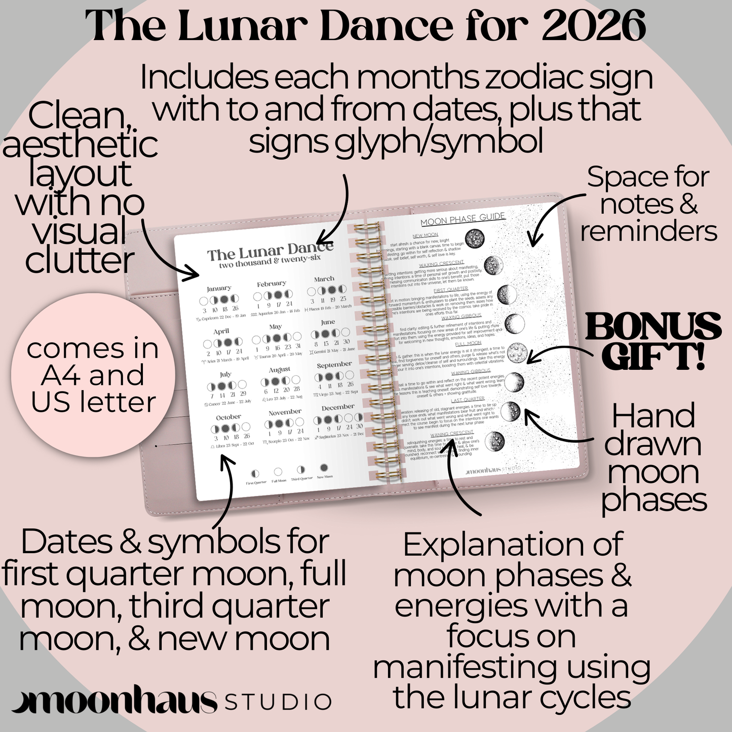 2026 Moon Phase Calendar Printable | Lunar Planner PDF | Witchy Astrology Celestial Decor Wall Art | Digital Journal Insert