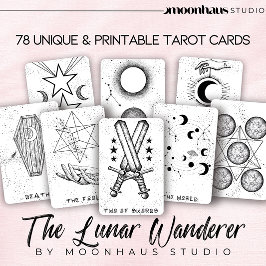 Printable & digital tarot card deck: The Lunar Wanderer | Full deck of 78 tarot cards, for journaling, colouring, scrapbooking, Book of Shadows, witchcraft, divination | Unique, hand drawn tarot art designs