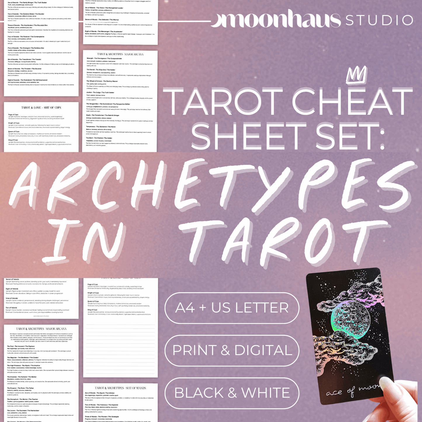 tarot cheat sheet: archetypes in tarot, book of shadows | carl jung, mindfulness, journal prompts | learn tarot beginner, shadow work
