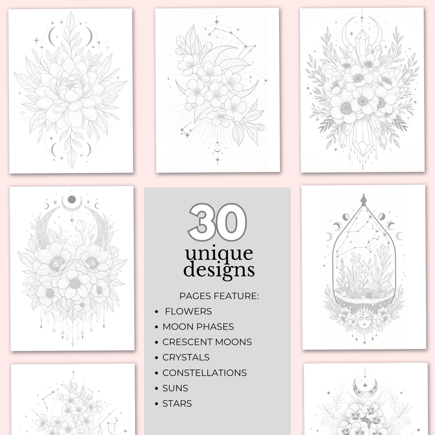 printable adult colouring & watercolour book: floral & celestial, digital download PDF