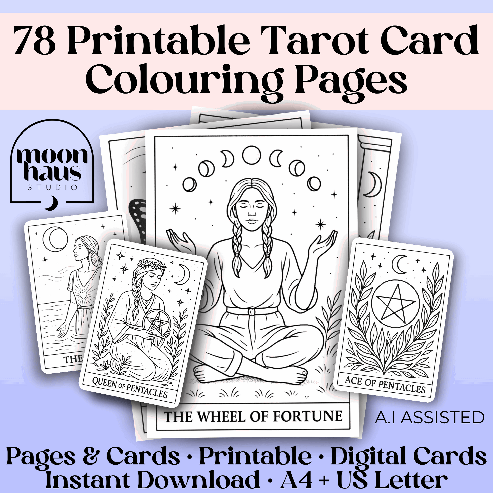 78 Tarot Colouring Pages Deck, Printable Tarot Cards to Colour, Digital Mindful Art for Creatives & Tarot Lovers