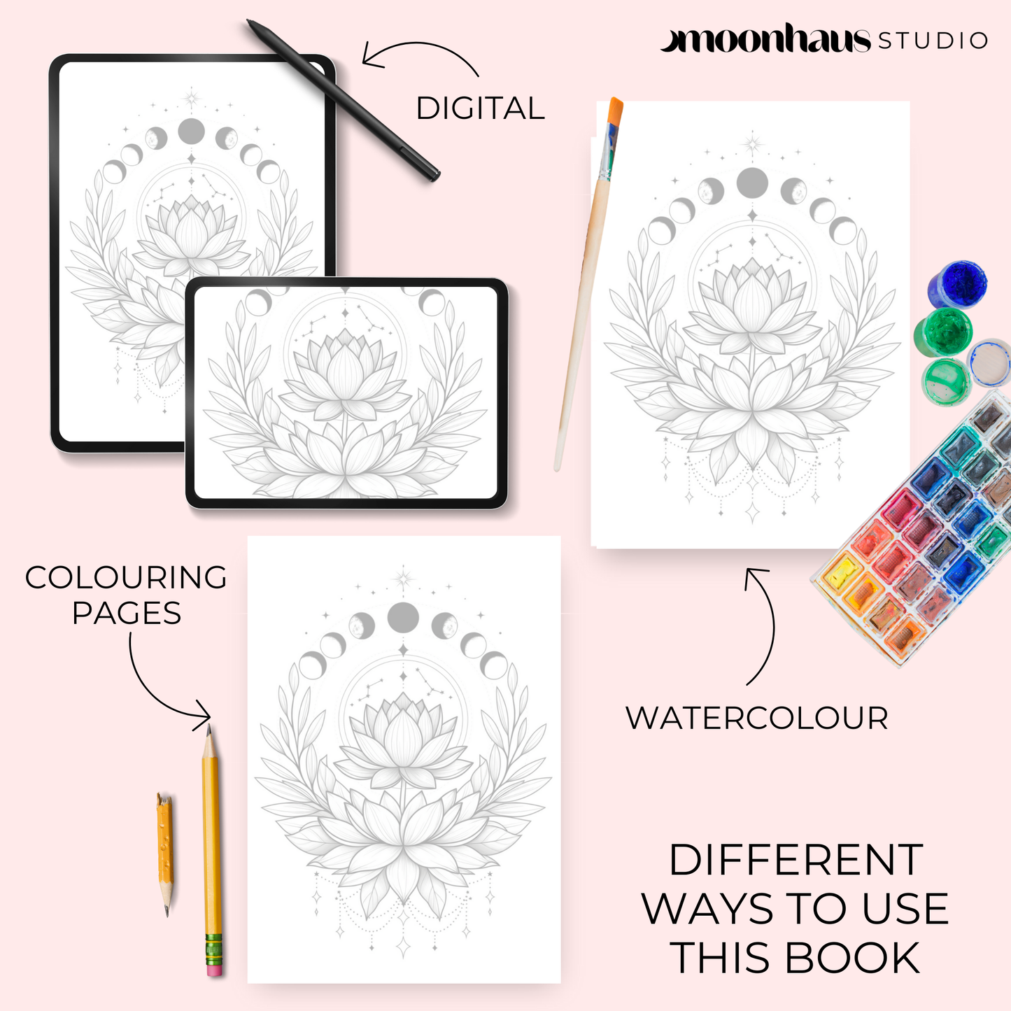 printable adult colouring & watercolour book: floral & celestial, digital download PDF