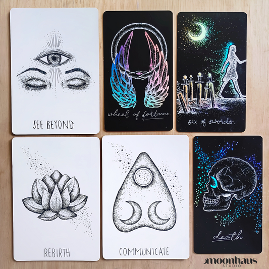 tarot card & oracle deck gift set: indie deck bundle | holographic, unique aesthetic | white & black tarot cards & oracle cards | divination guidebook with tarot spreads