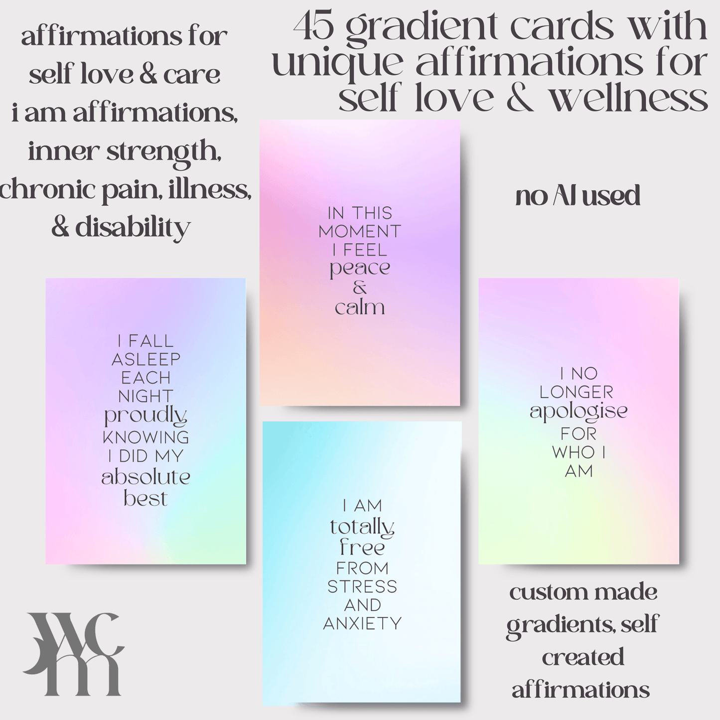 45 digital cards of affirmations, self love, self care, printable - The Wandering Moon Co.