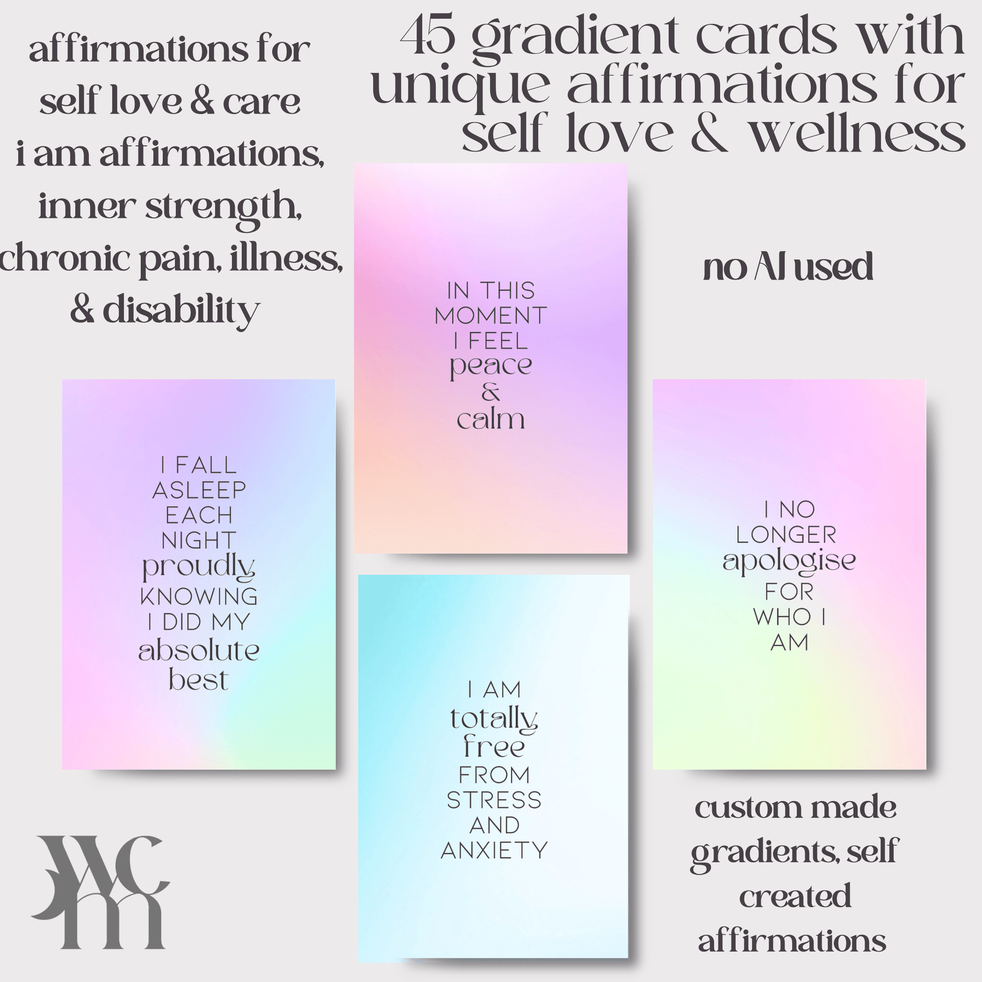 45 digital cards of affirmations, self love, self care, printable - The Wandering Moon Co.