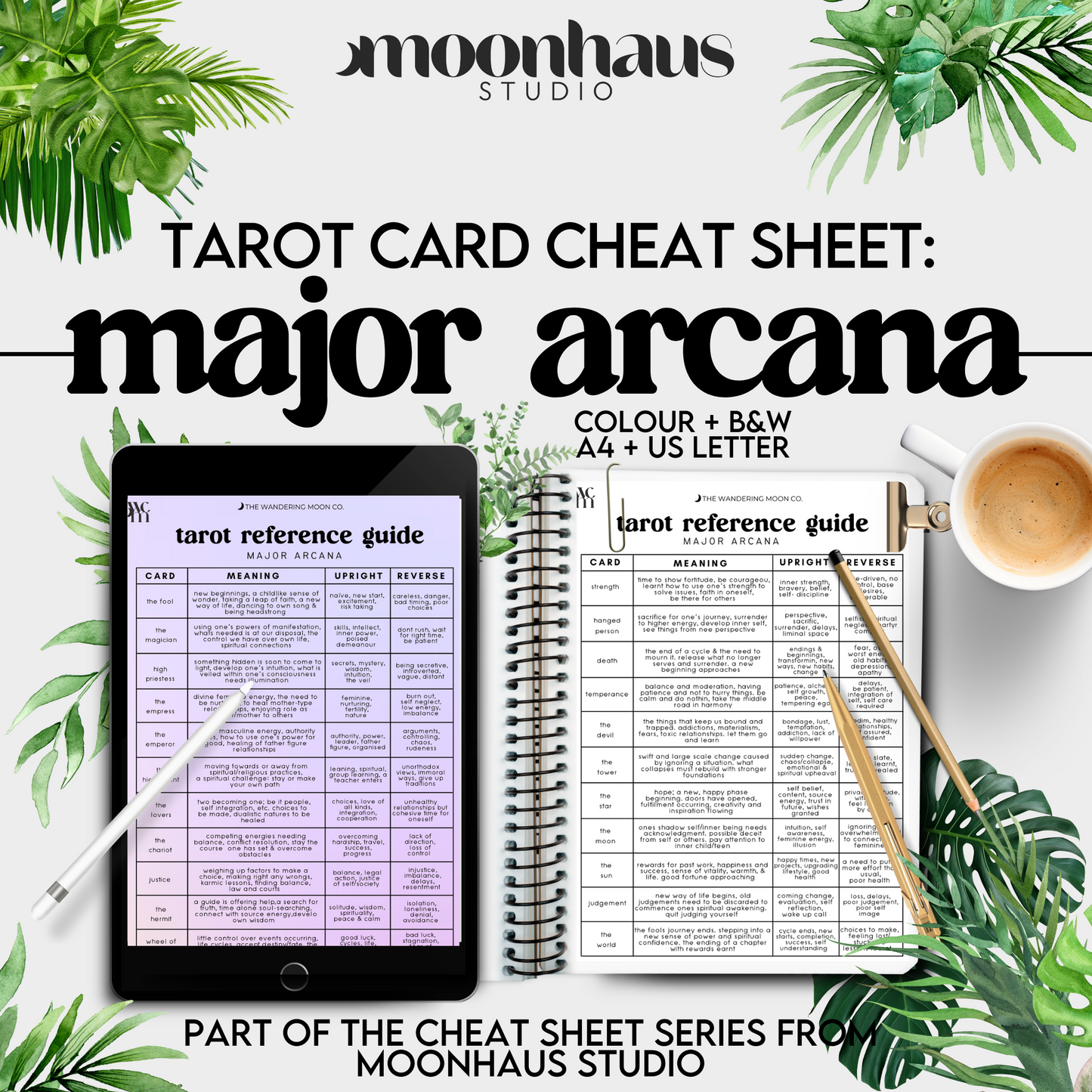 tarot cheat sheet guide: major arcana, tarot meaning digital chart PDF printable