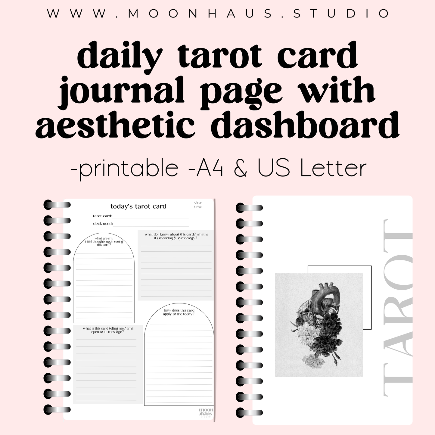 tarot journal page, printable & digital with aesthetic dashboard for binders + planners