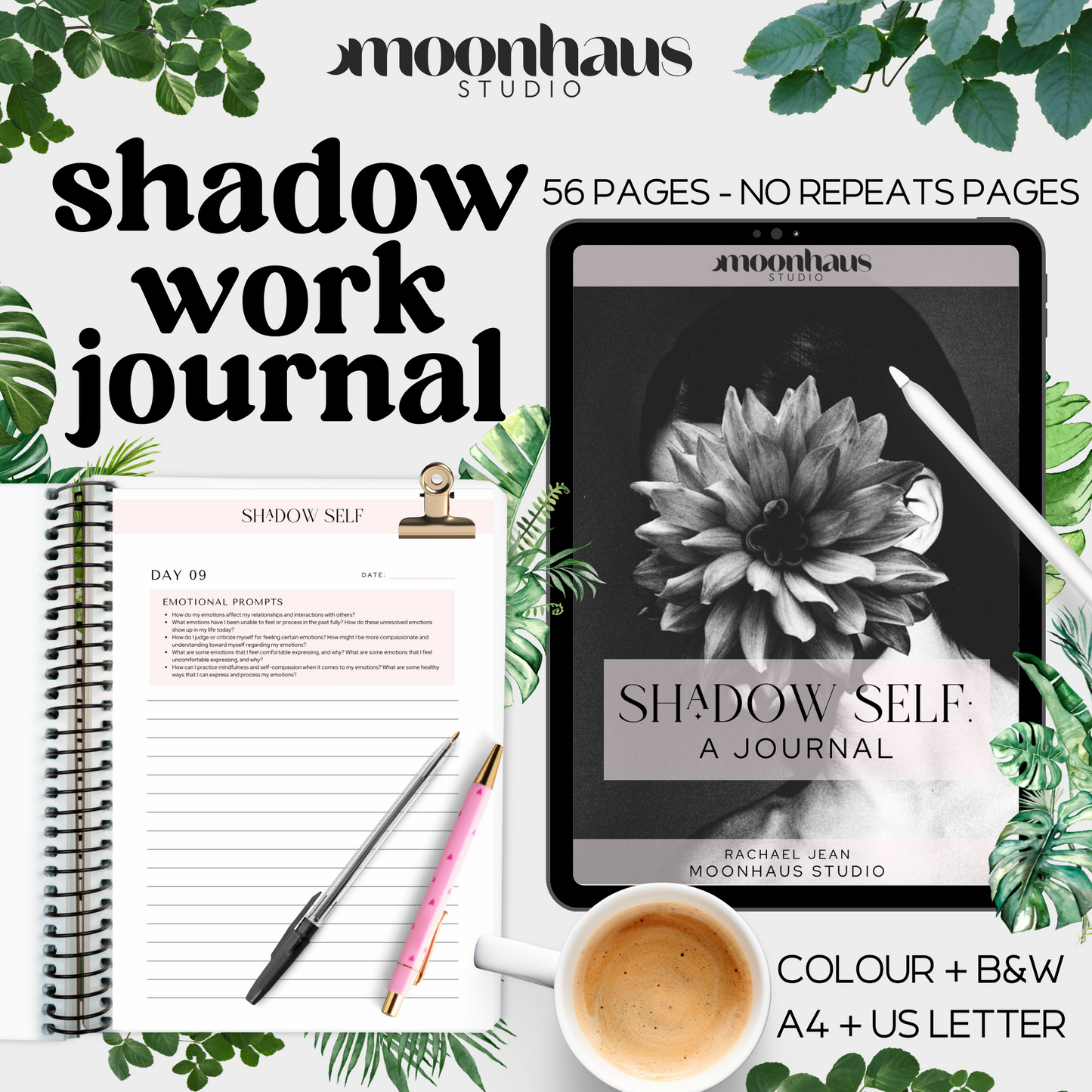 digital printable shadow work journal: aesthetic therapy tools, guided journal prompts, 56 page workbook, goodnotes | notability