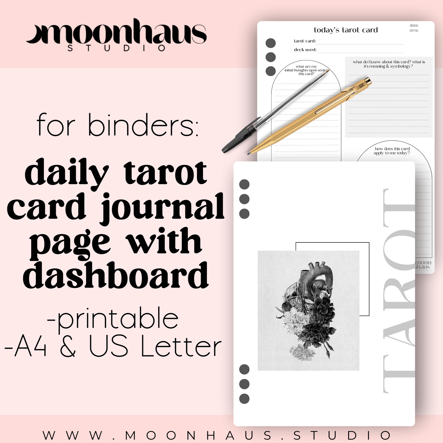 tarot journal page, printable & digital with aesthetic dashboard for binders + planners