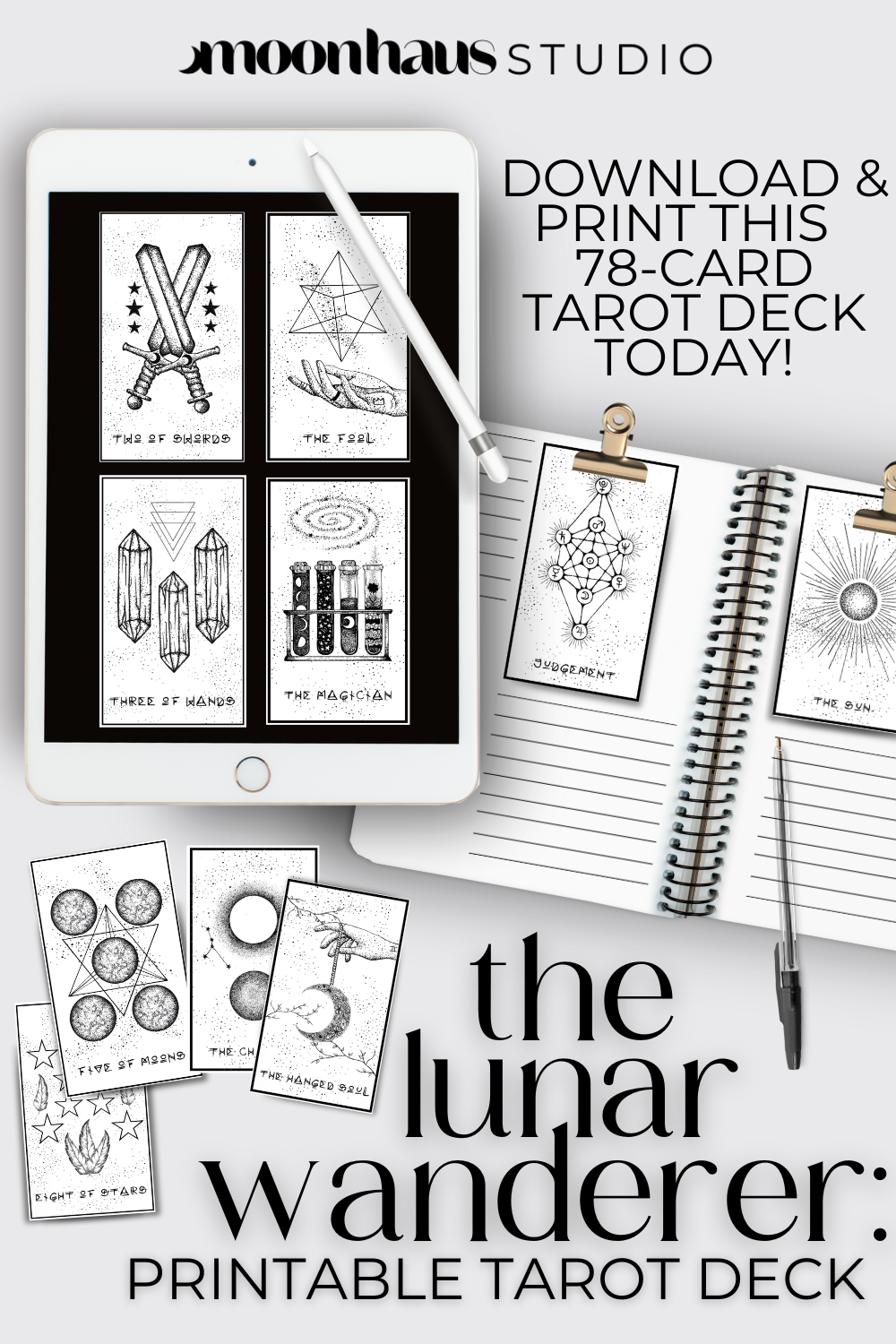 Printable & Digital Tarot Card Deck: The Lunar Wanderer, Indie, Hand Drawn Tarot Art | Free at Checkout