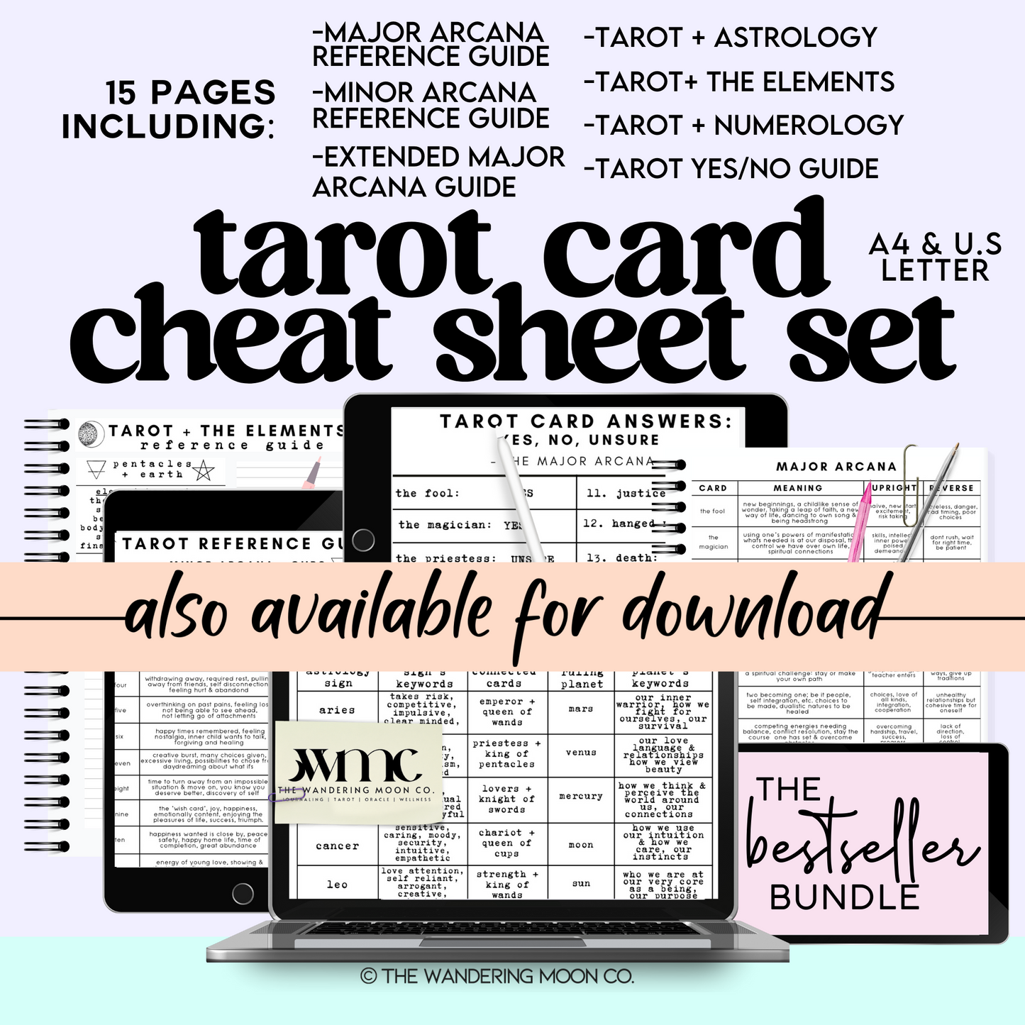 tarot card cheat sheet set: minor and major arcana | eight pages | A4 and US Letter | colour and b&w