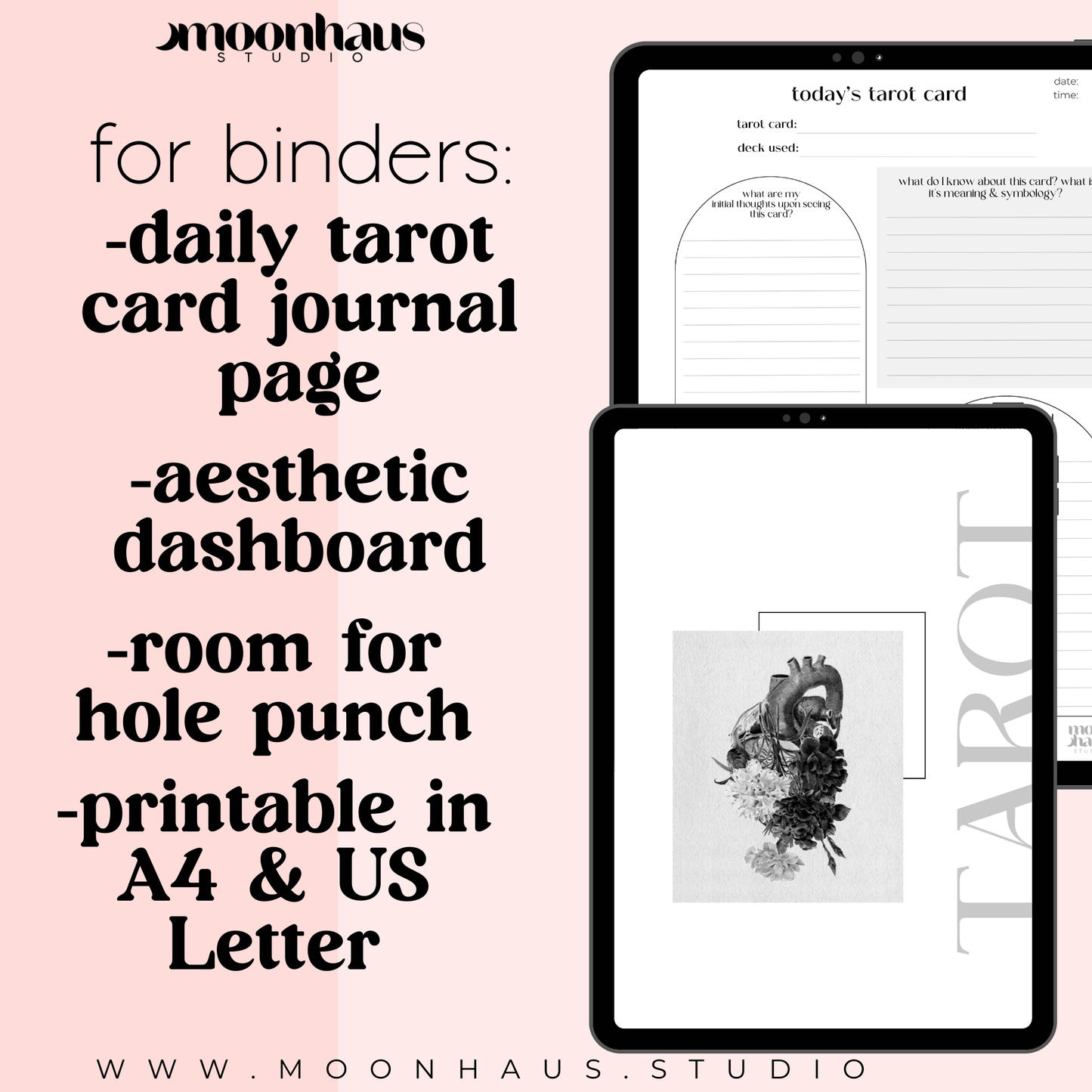 tarot journal page, printable & digital with aesthetic dashboard for binders + planners