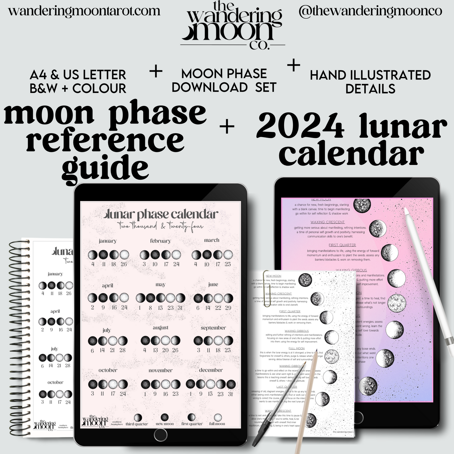2024 moon planner with moon phase cheat sheet bundle set