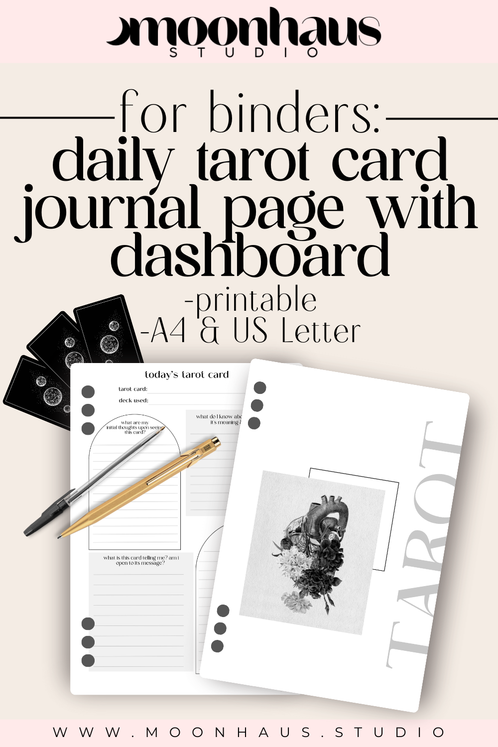 tarot journal page, printable & digital with aesthetic dashboard for binders + planners