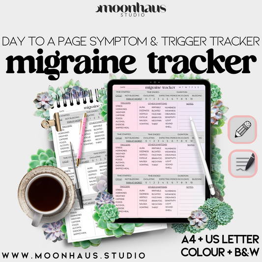 migraine tracker log, a printable symptom & trigger journal, for chronic pain and illness, in digital and PDF