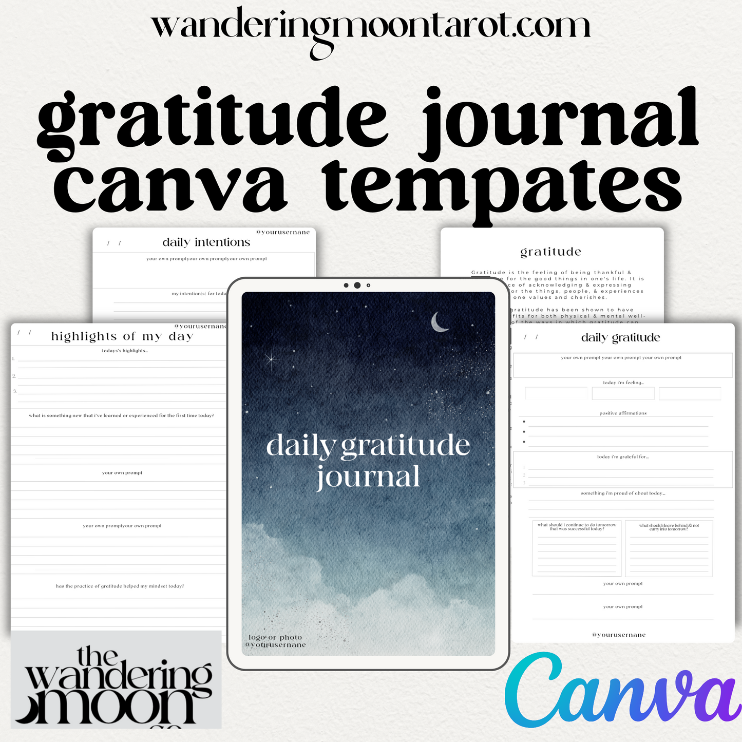 aesthetic, editable daily gratitude journal canva template