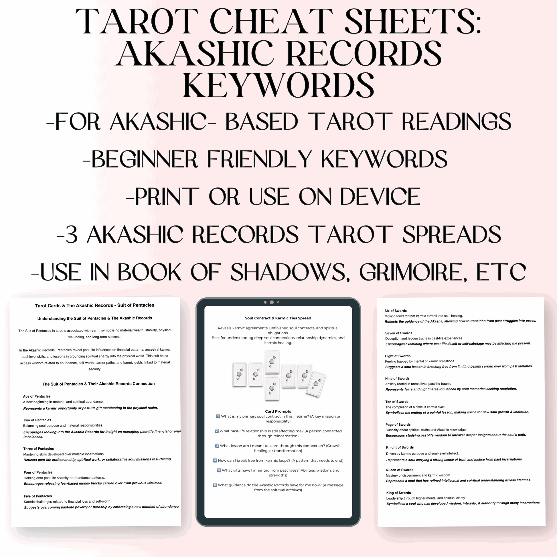 Akashic Records Tarot Cheat Sheets: Past Life, Card Meaning Reading Guide (Printable Digital Download)