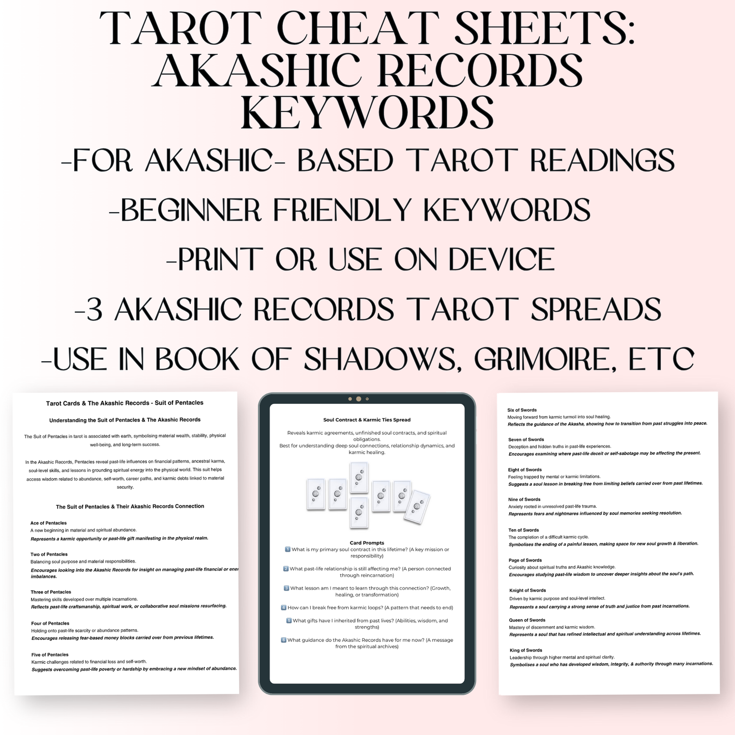 Akashic Records Tarot Cheat Sheets: Past Life, Card Meaning Reading Guide (Printable Digital Download)
