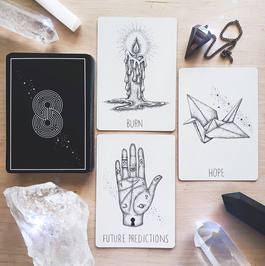 oracle cards deck: white & black oracle cards | indie decks for love readings | dark oracle deck with journal & guidebook