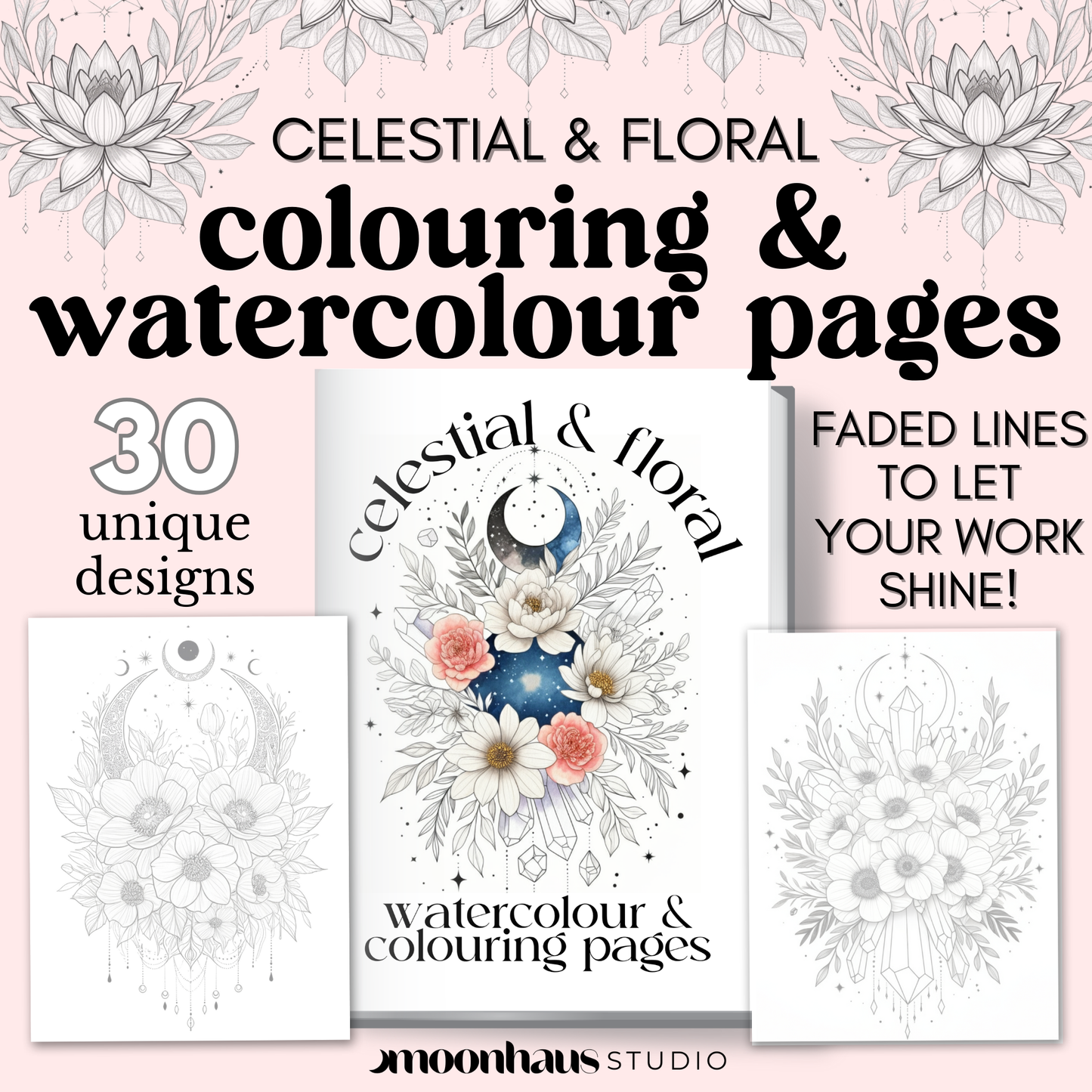 printable adult colouring & watercolour book: floral & celestial, digital download PDF