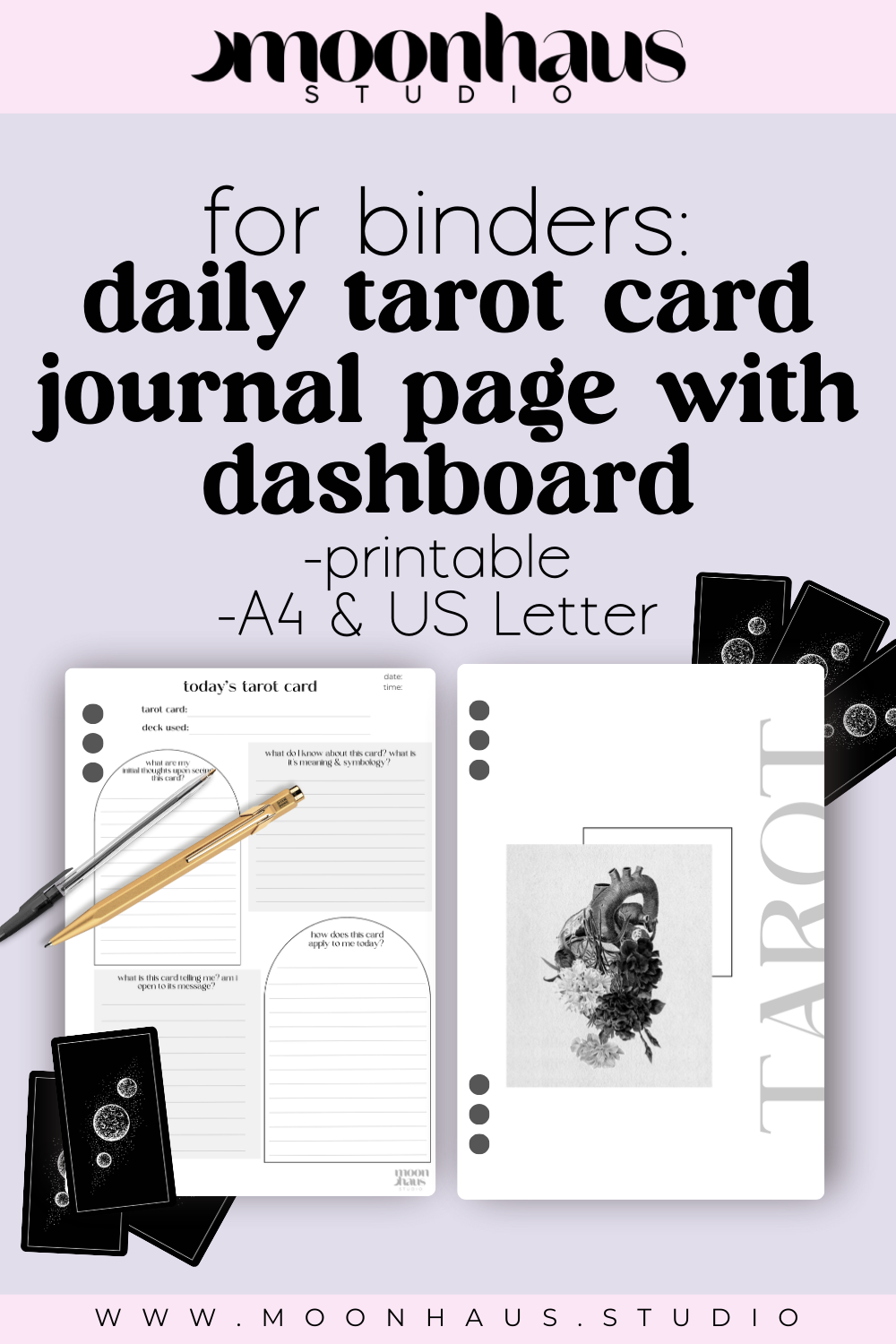 tarot journal page, printable & digital with aesthetic dashboard for binders + planners