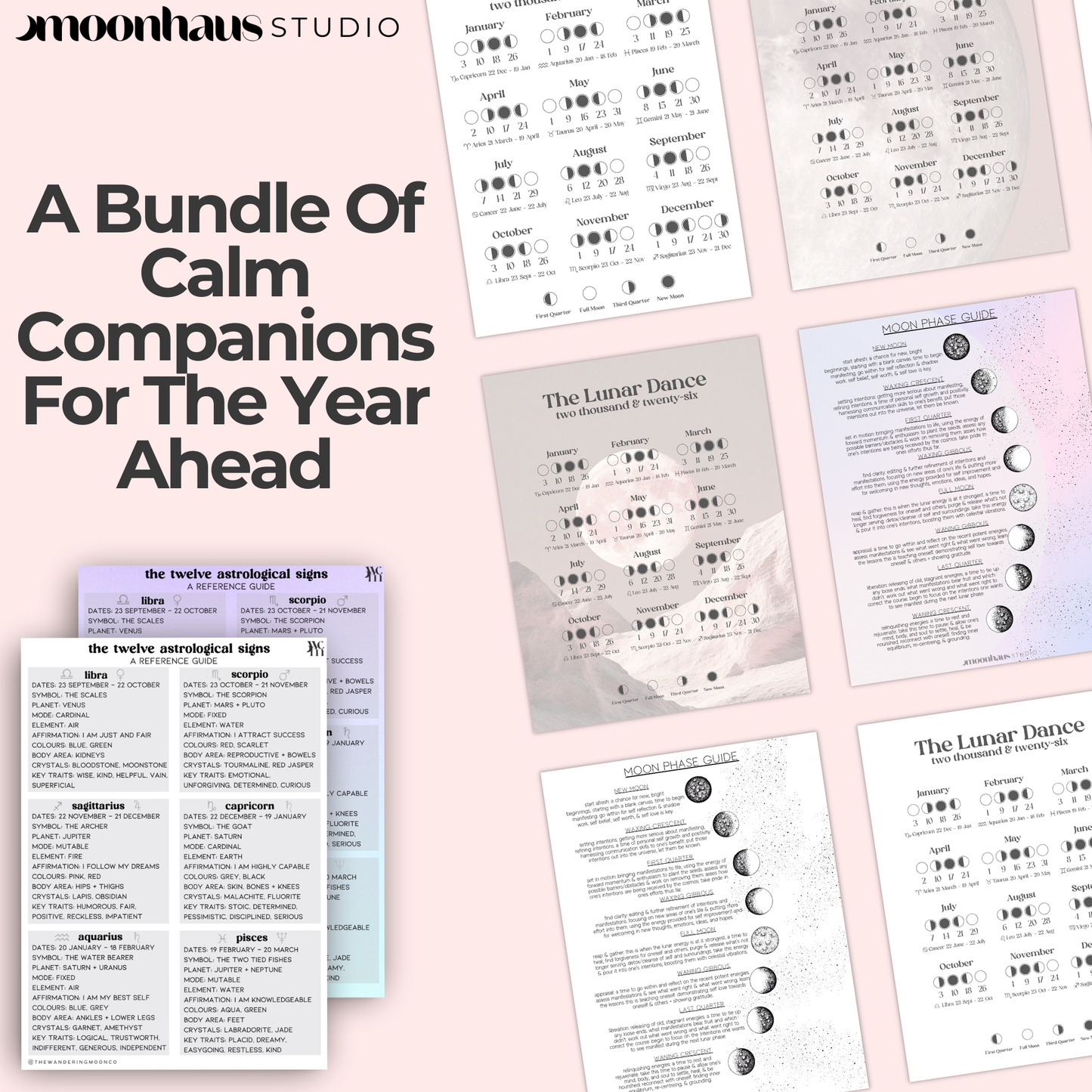 2026 Moon Phase Calendar Printable | Lunar Planner PDF | Witchy Astrology Celestial Decor Wall Art | Digital Journal Insert