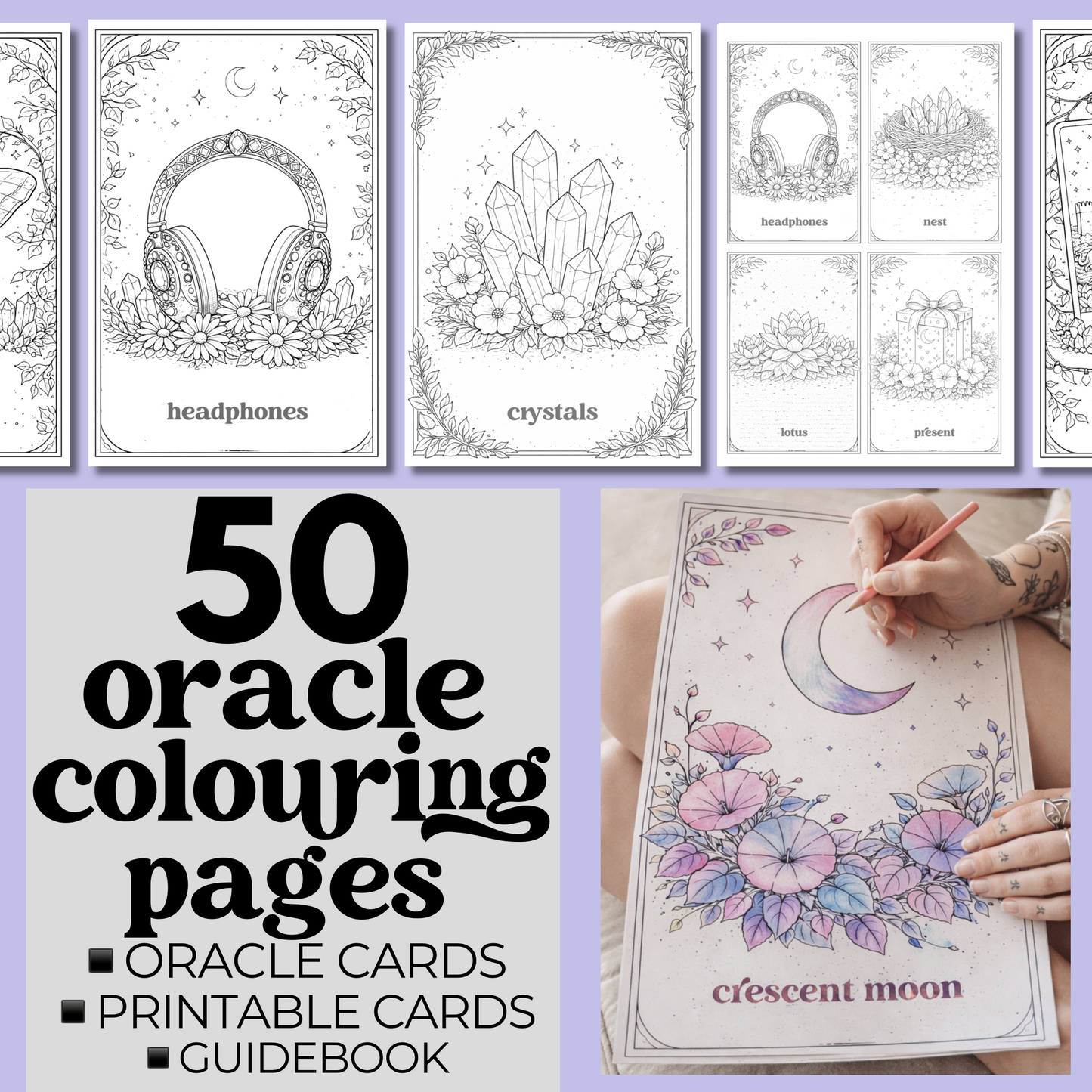 50 Printable Oracle Card Deck of Colouring Pages, Printable & Digital