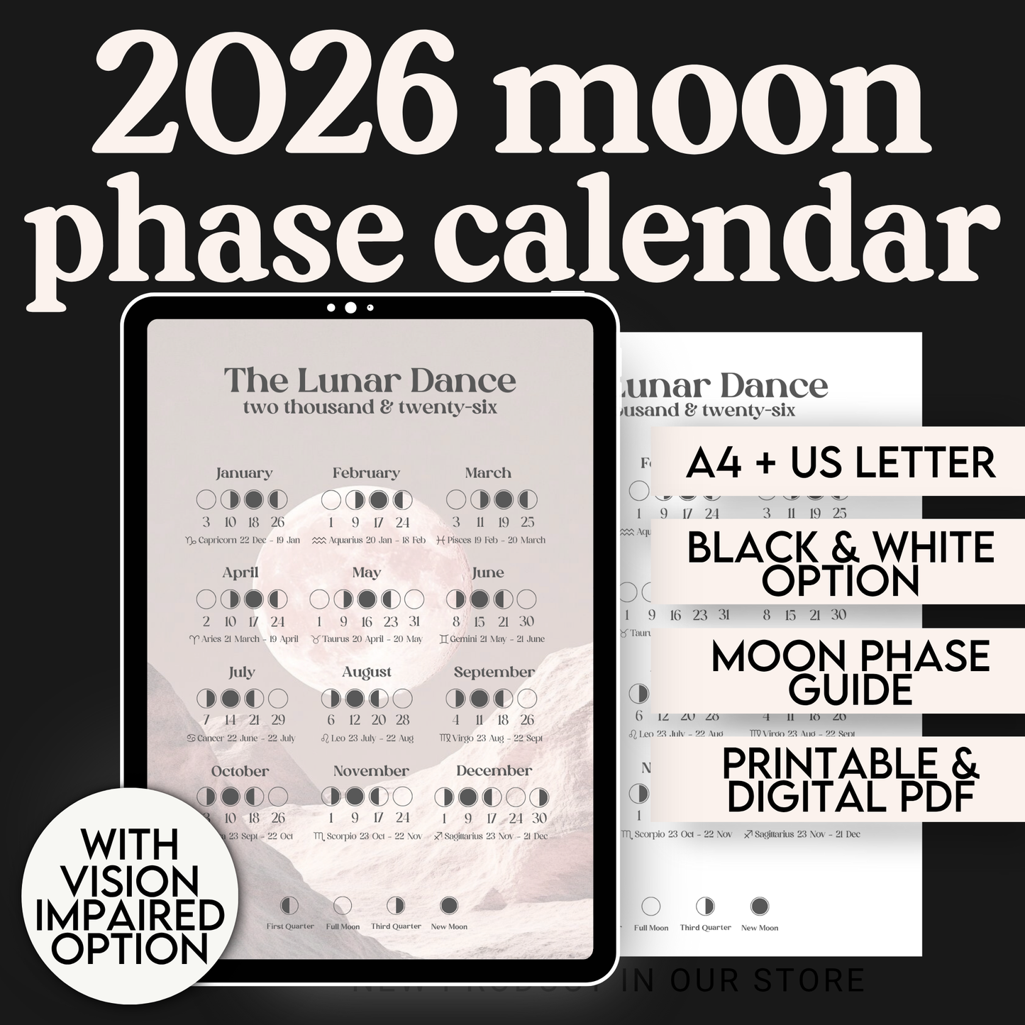 2026 Moon Phase Calendar Printable | Lunar Planner PDF | Witchy Astrology Celestial Decor Wall Art | Digital Journal Insert