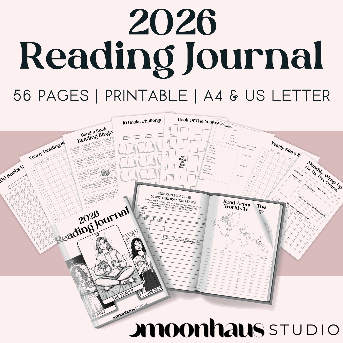 2026 Reading Journal, Diary + Planner | Digital + Printable | 56 pages, A4 + US Letter