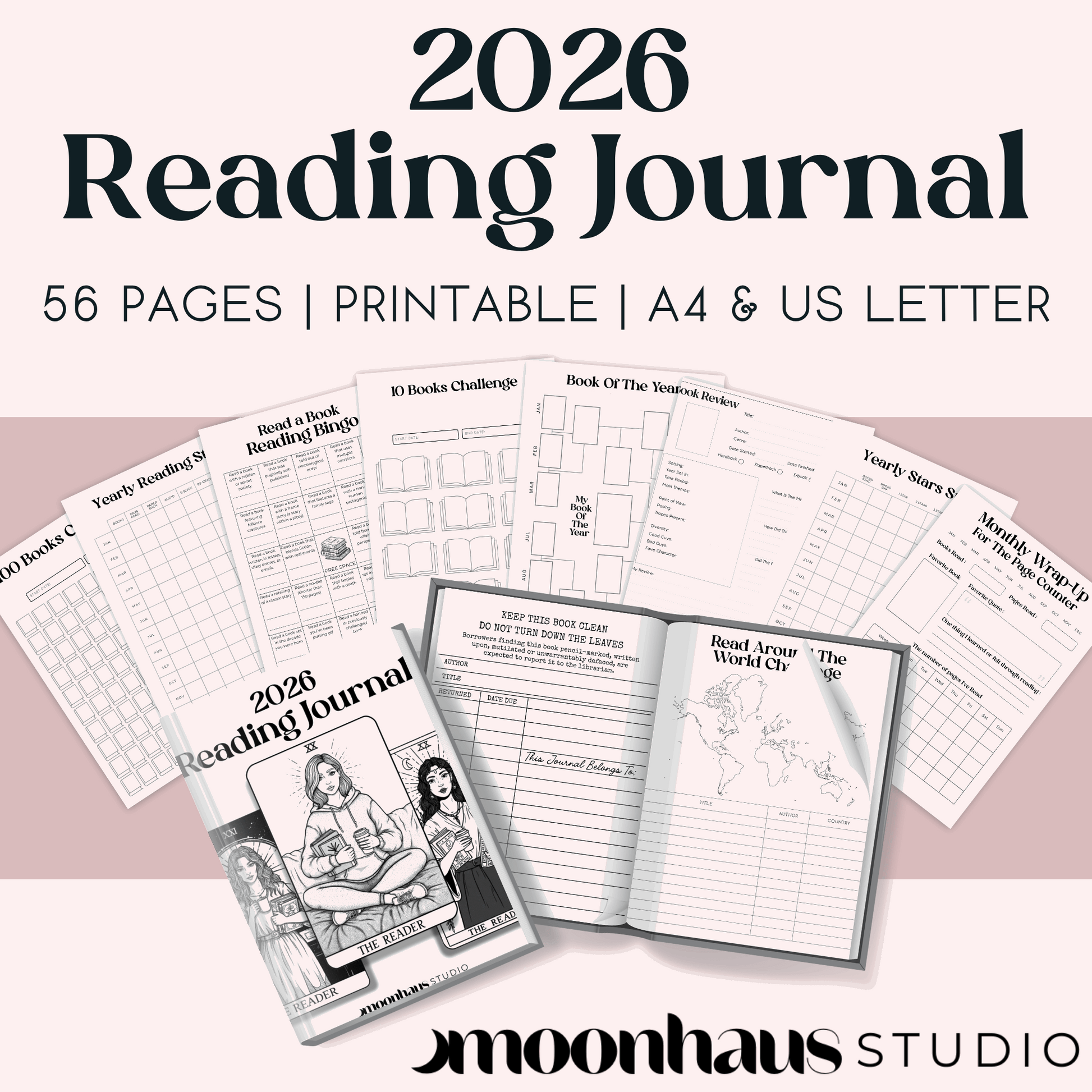 2026 Reading Journal, Diary + Planner | Digital + Printable | 56 pages, A4 + US Letter