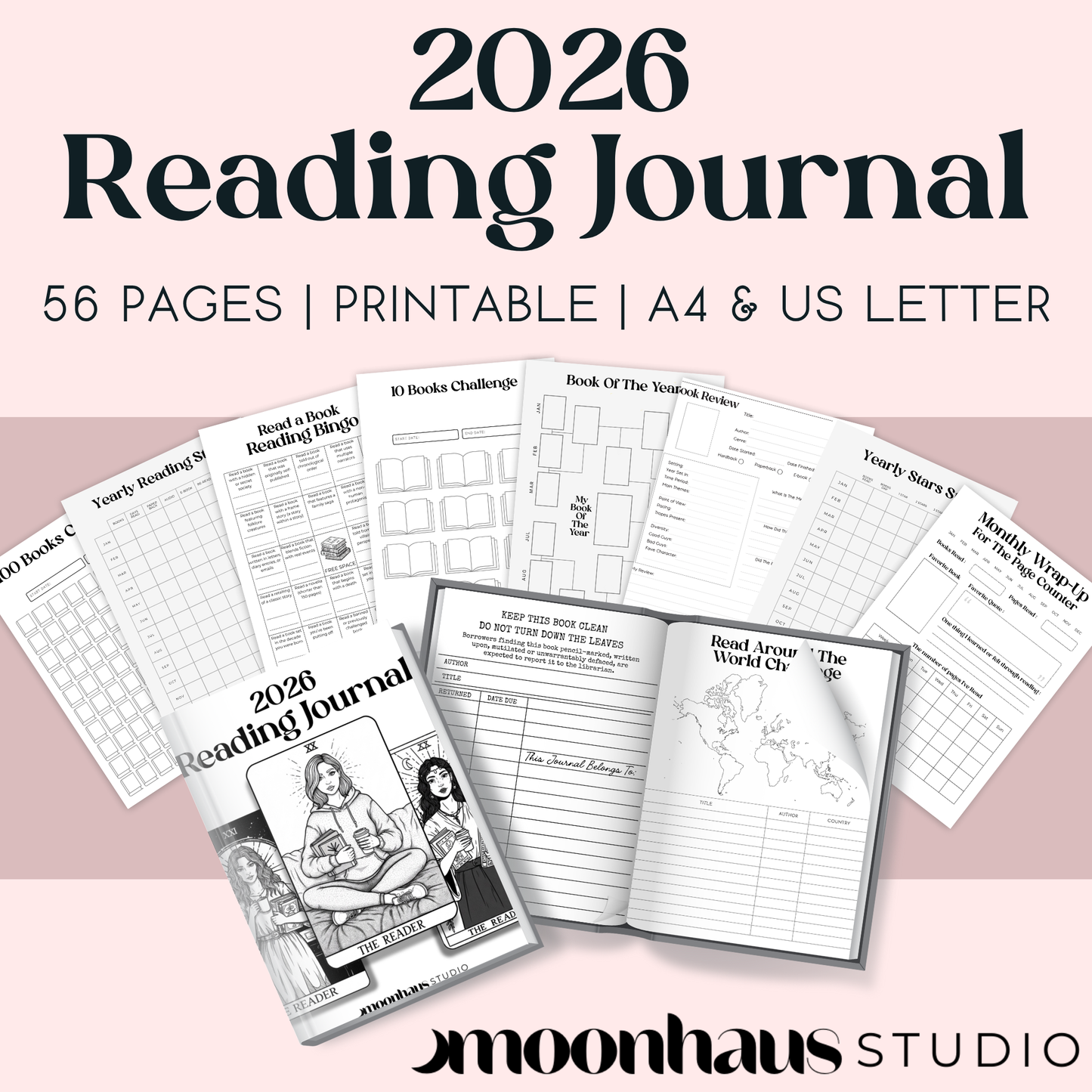 2026 Reading Journal, Diary + Planner | Digital + Printable | 56 pages, A4 + US Letter