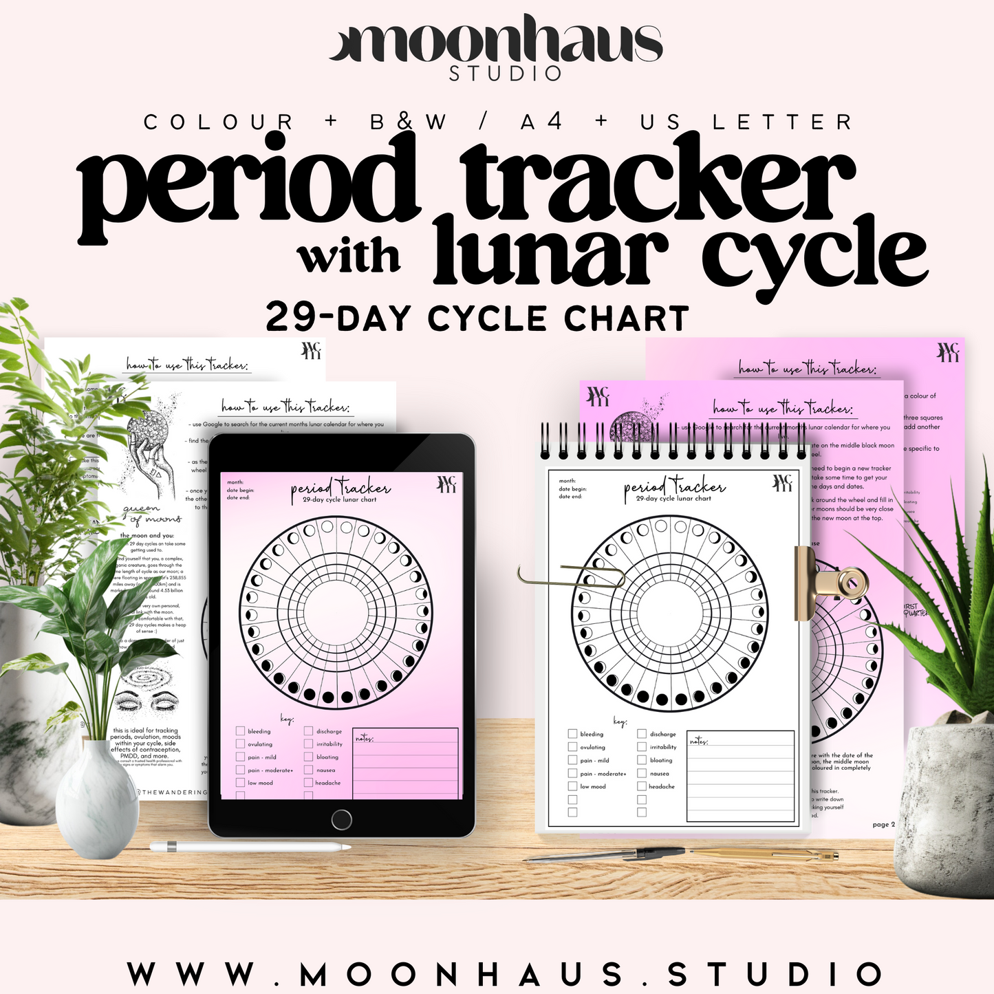 lunar cycle period tracker with journal page PDF