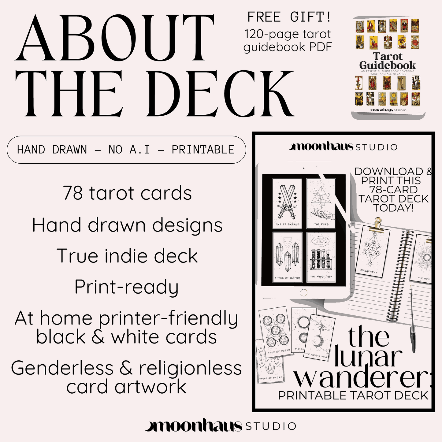 Printable & Digital Tarot Card Deck: The Lunar Wanderer, Indie, Hand Drawn Tarot Art