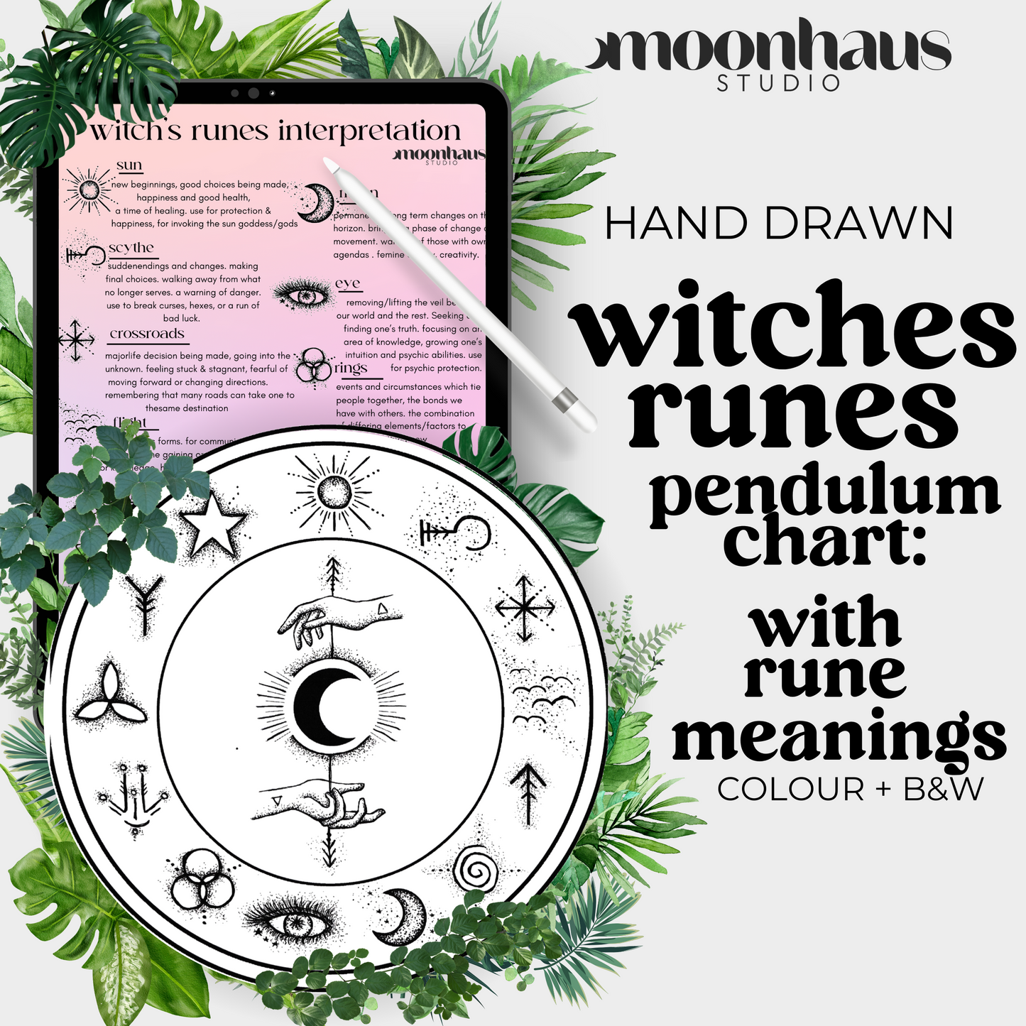 witch's runes pendulum chart | divination tool for spell work | hand illustrated