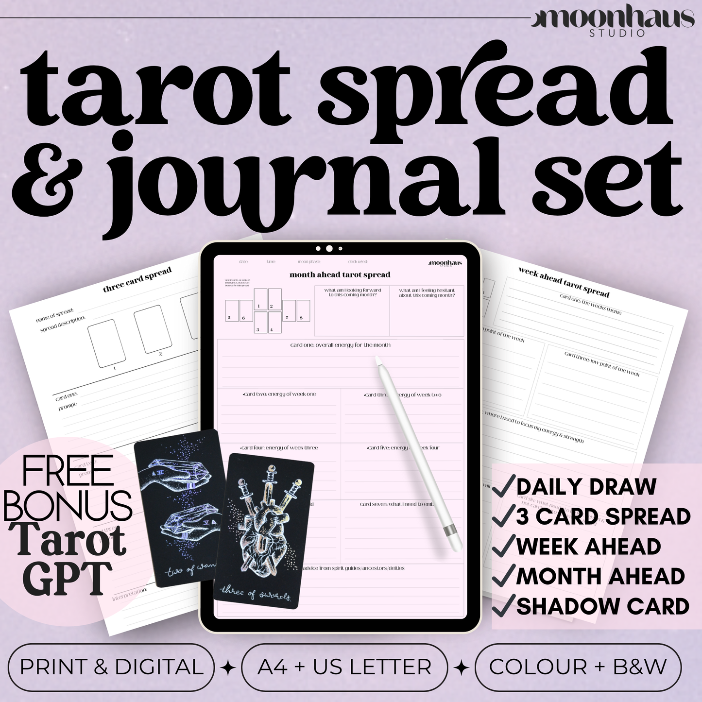 Tarot Card Spread Daily Reading Journal Pages: Week and Month Ahead Tarot Spread, Digital Printable PDF, Tarot Workbook, Shadow Card