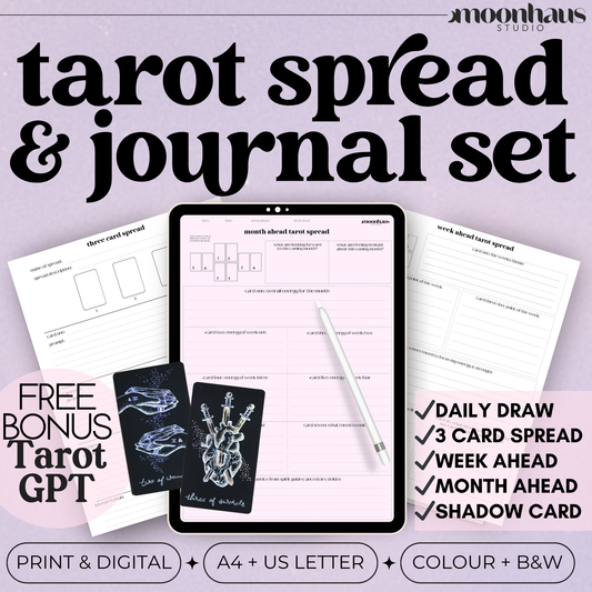 Tarot Card Spread Daily Reading Journal Pages: Week and Month Ahead Tarot Spread, Digital Printable PDF, Tarot Workbook, Shadow Card
