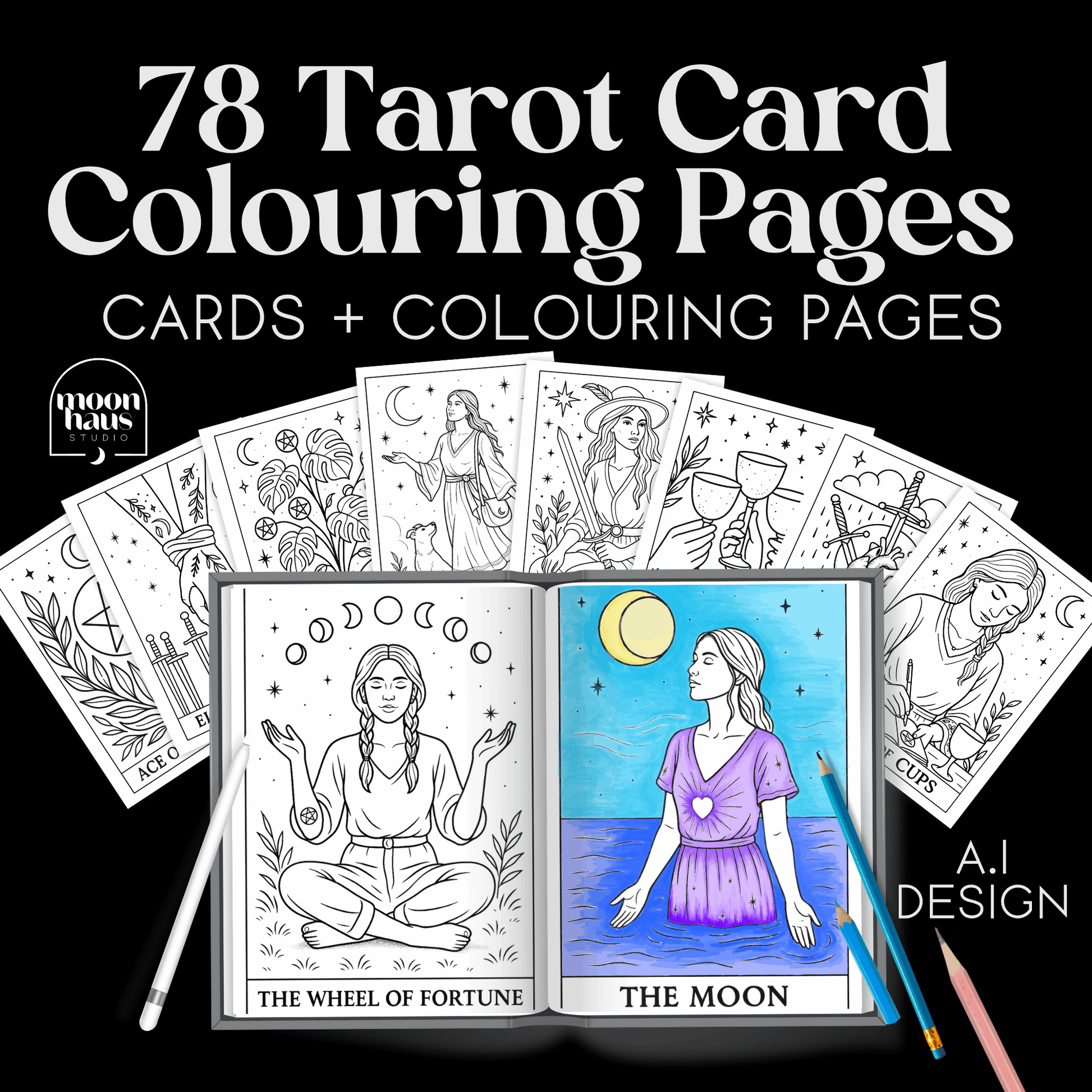 78 Tarot Card Colouring Pages Deck (( USE CODE AMANDA1 )) Printable Tarot Cards to Colour, Digital Mindful Art for Creatives & Tarot Lovers