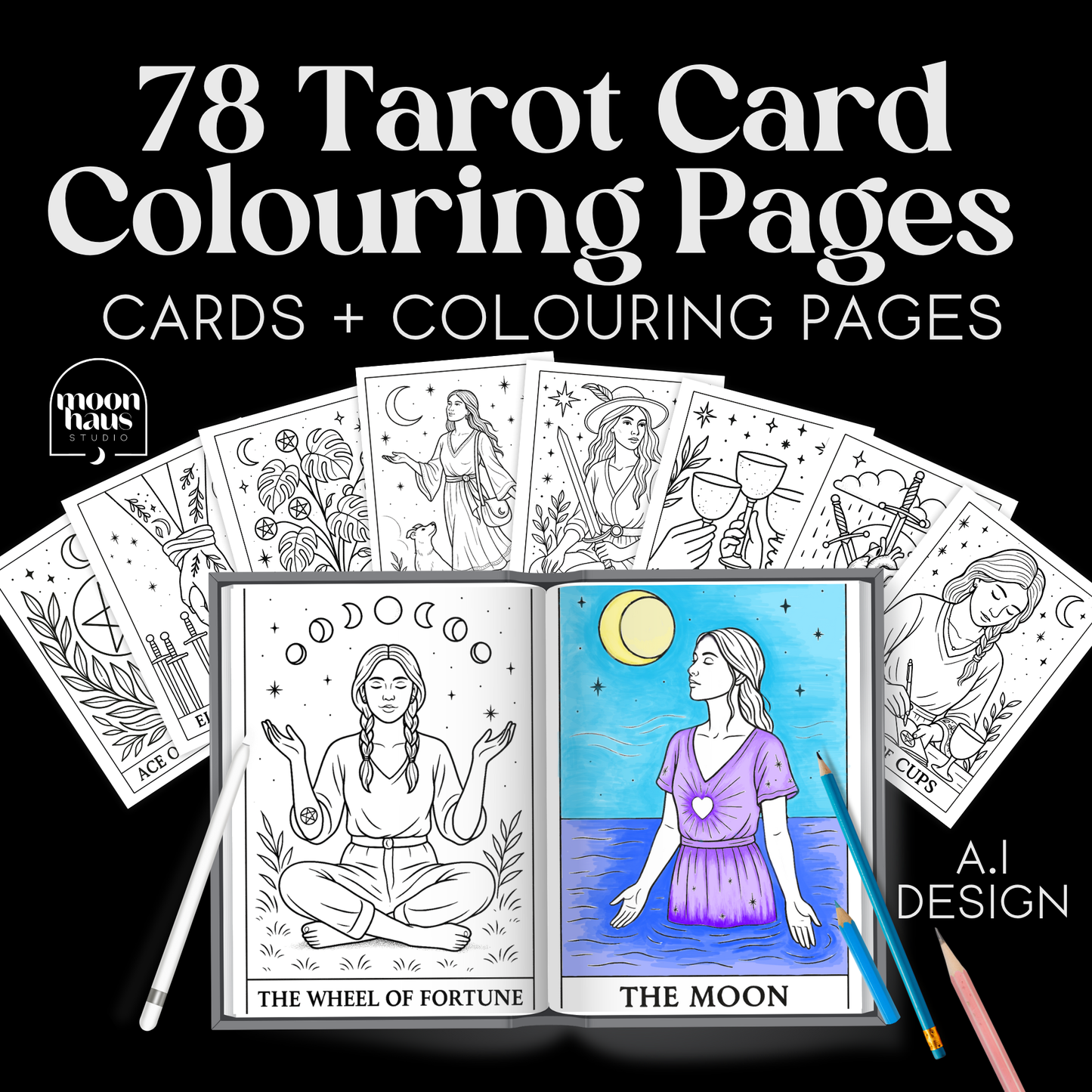 78 Tarot Colouring Pages Deck, Printable Tarot Cards to Colour, Digital Mindful Art for Creatives & Tarot Lovers