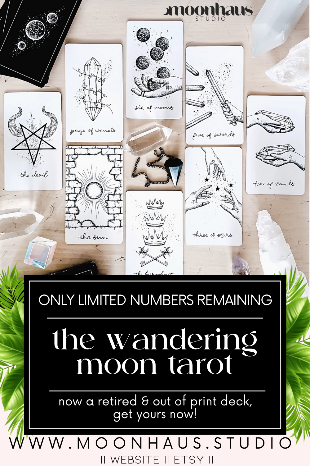 the wandering moon tarot deck - holographic, hand illustrated cards - indie tarot deck with guidebook - beginner tarot deck