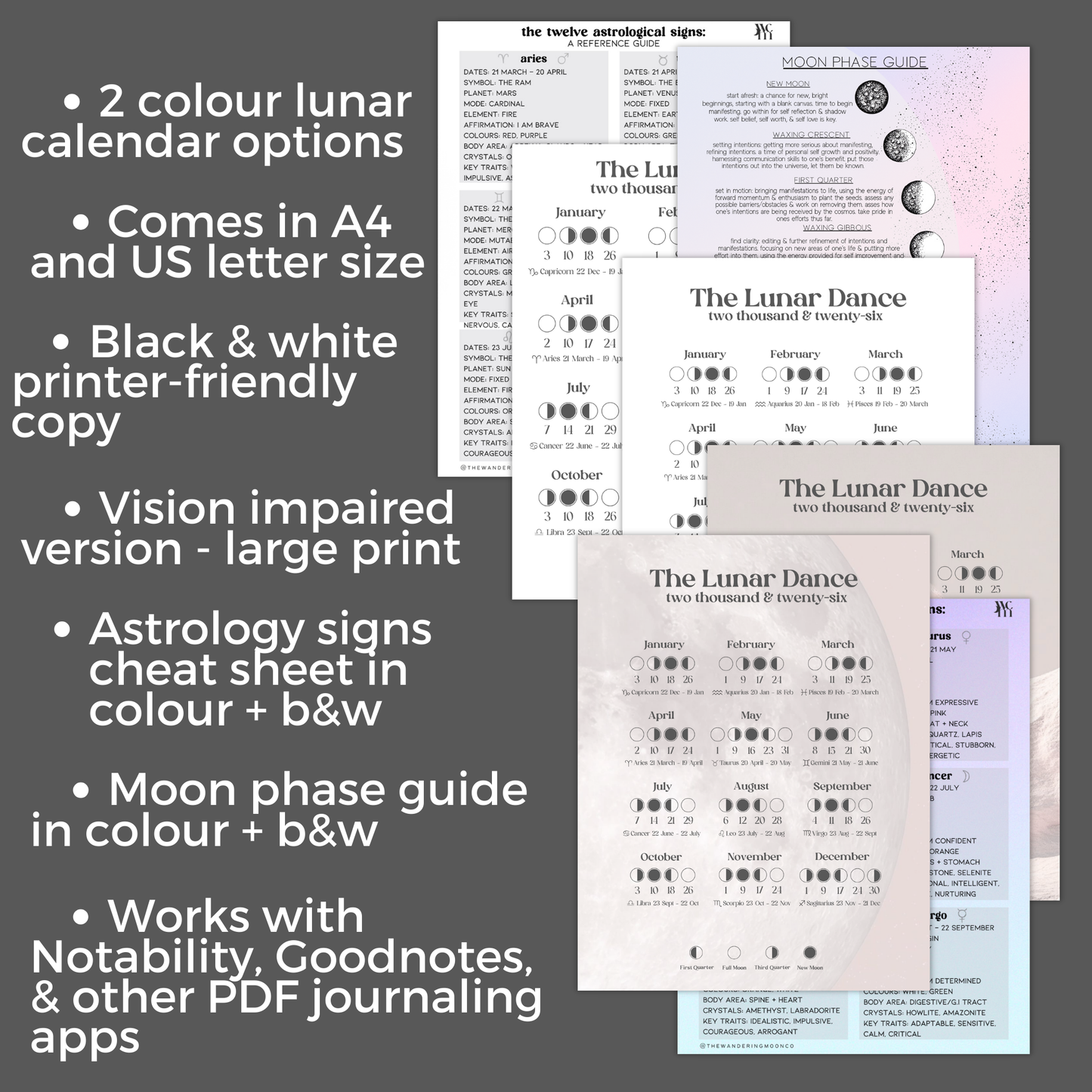 2026 Moon Phase Calendar Printable | Lunar Planner PDF | Witchy Astrology Celestial Decor Wall Art | Digital Journal Insert