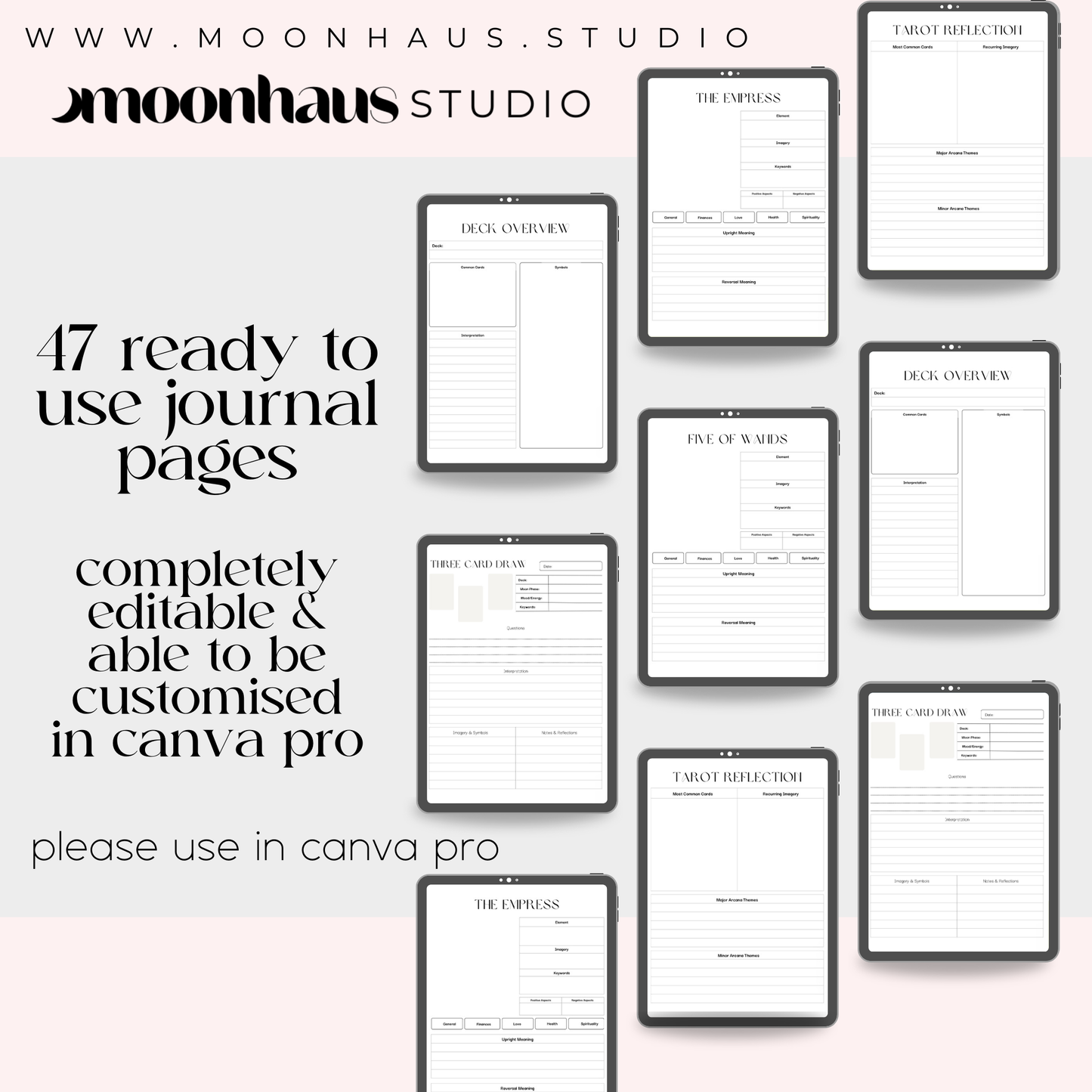 tarot journal canva template: 47 pages with 10 covers | tarot spreads, card readings, tarot card meaning | digital, printable planner junk